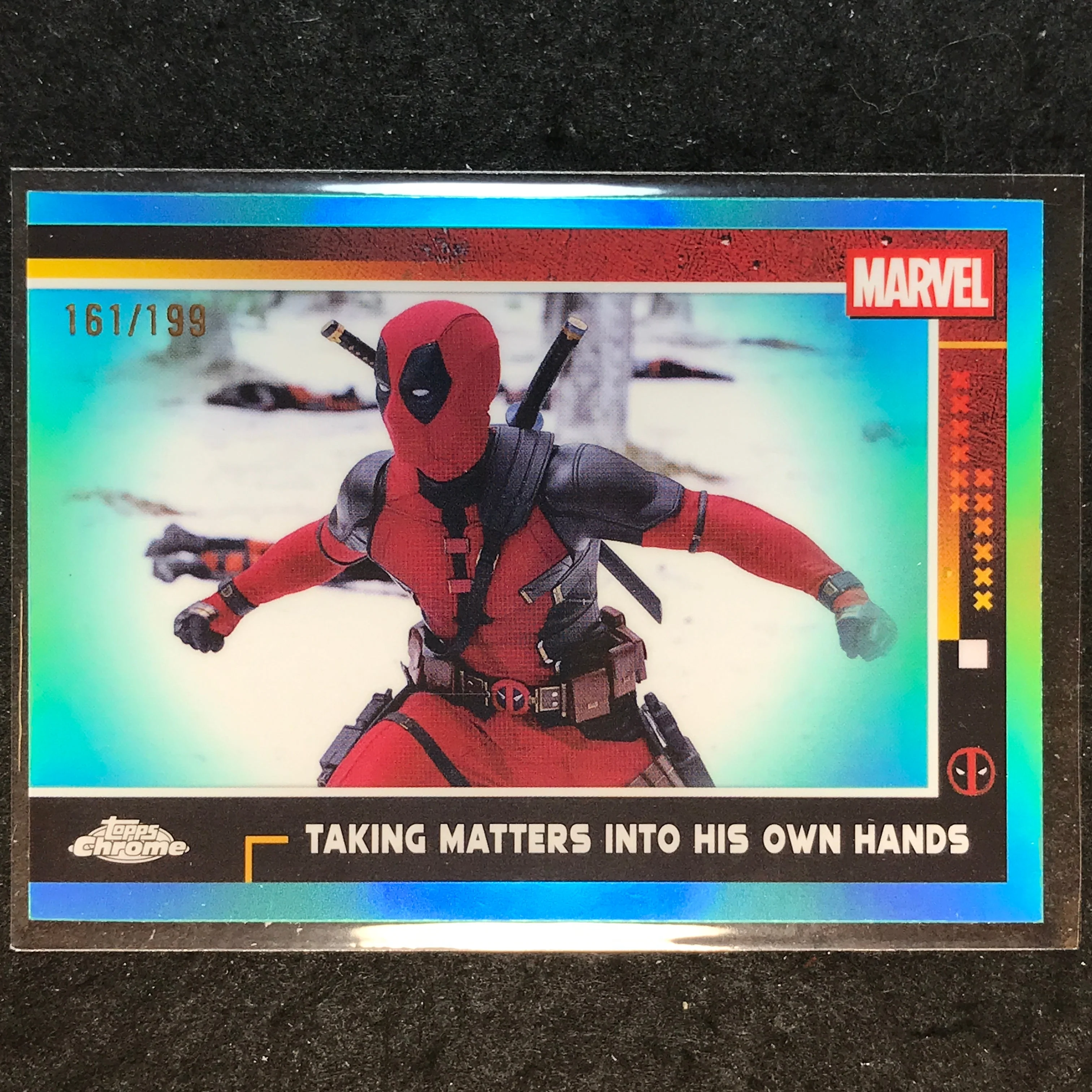 2025 Topps Chrome Deadpool TAKING MATTERS INTO HIS OWN HANDS Aqua /199 #53
